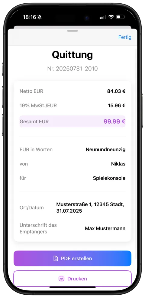 Vorschau der Quittungsdaten in der App