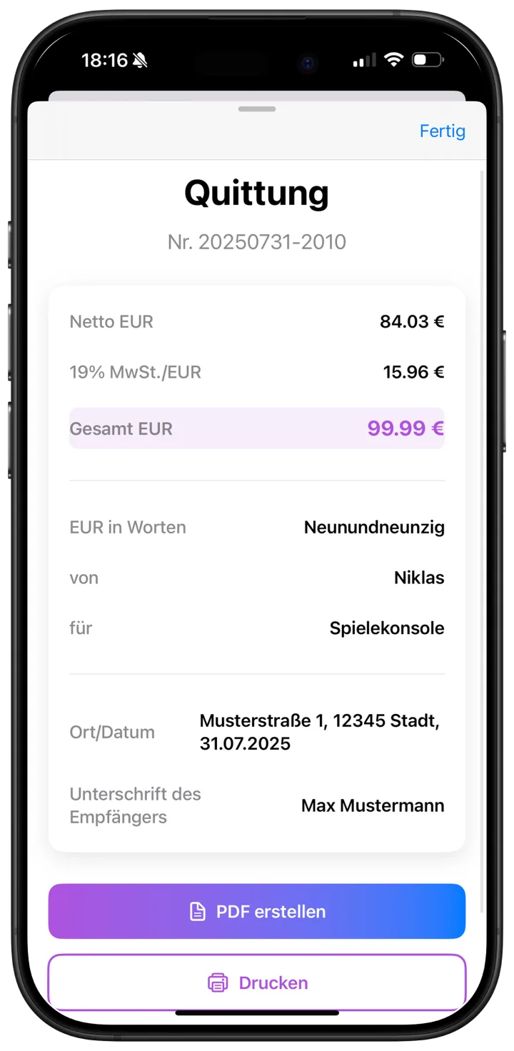 Datenvorschau einer Quittung auf iPad und iOS