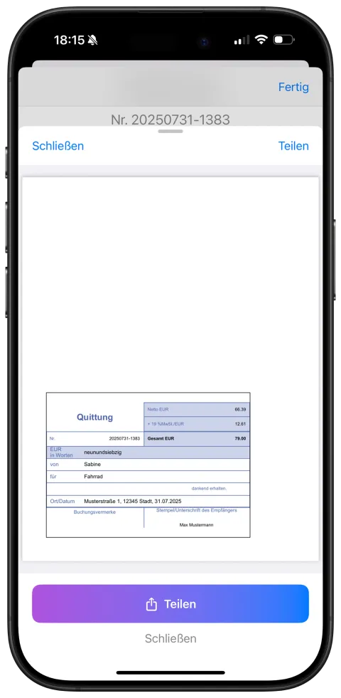 PDF-Ansicht einer fertigen Quittung