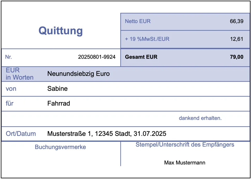 Beispiel einer digital erstellten DIN-A6-Quittung