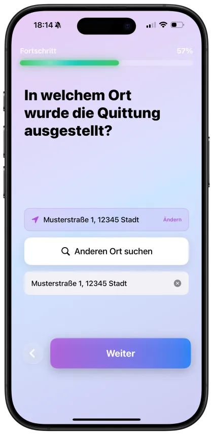 Ausstellungsort der Quittung auswählen
